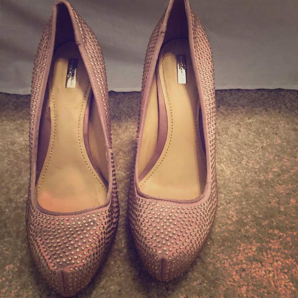 Report Signature Pink Satin Rhinestone Pumps